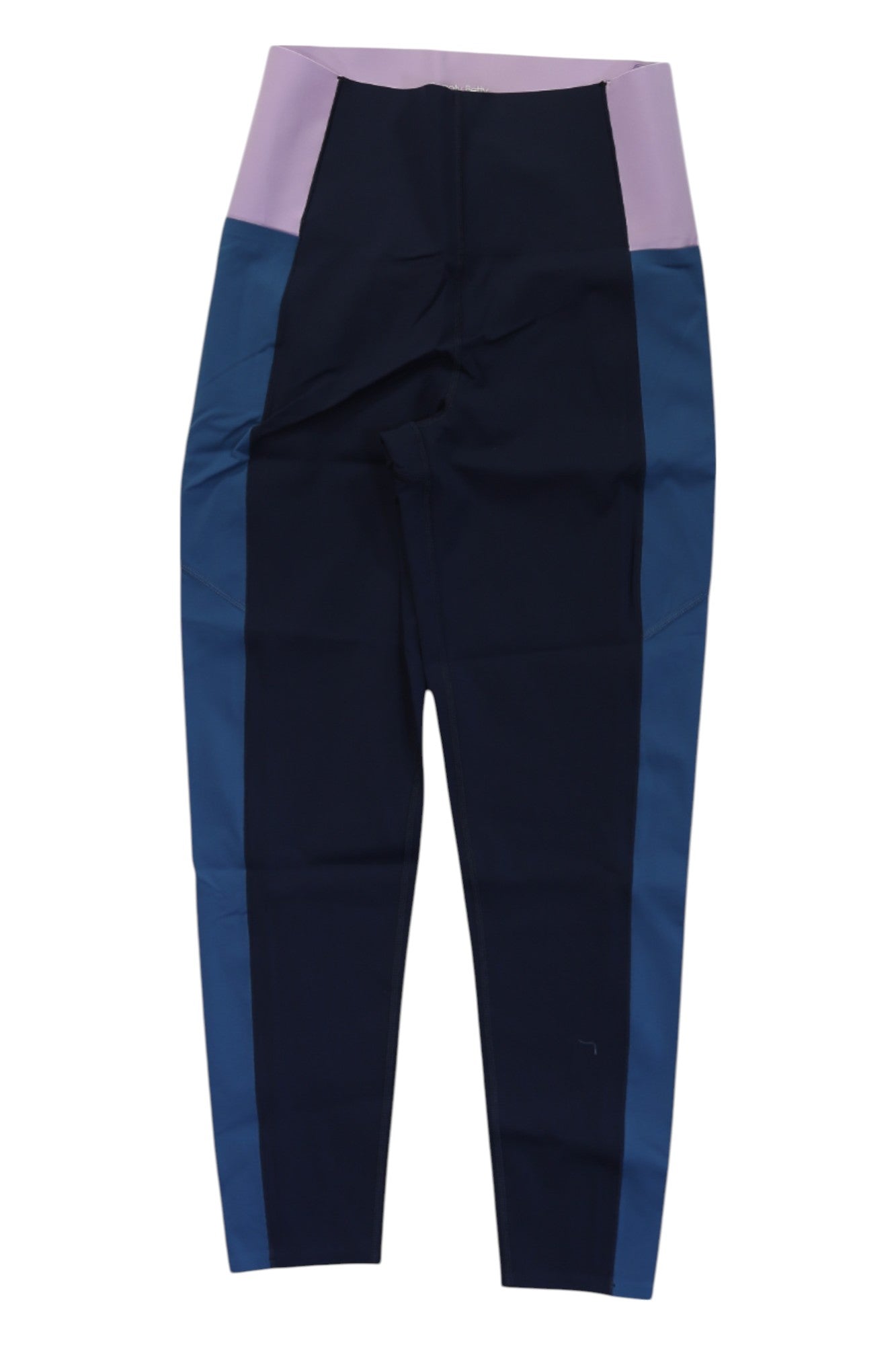 Sweaty Betty Womens Power High Waist 7/8 Workout Legging with a color-block design: light purple waistband, dark blue center panels, and medium blue side panels, shown laid flat on a white background.