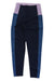 The Sweaty Betty Womens Power High Waist 7/8 Workout Legging is laid flat on a white background, featuring a colorblock design with dark blue main panels, medium blue sides, and a wide light purple waistband.