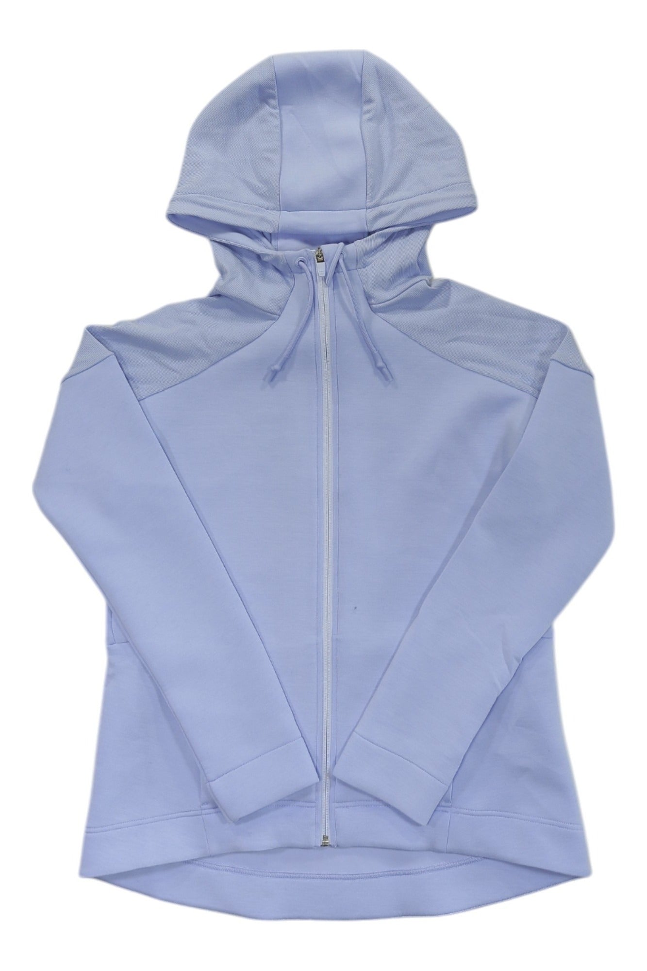 A light purple Sweaty Betty Womens Cross Train Zip Through Jacket with a hood, full-length sleeves, and front zipper lies flat on a white background.