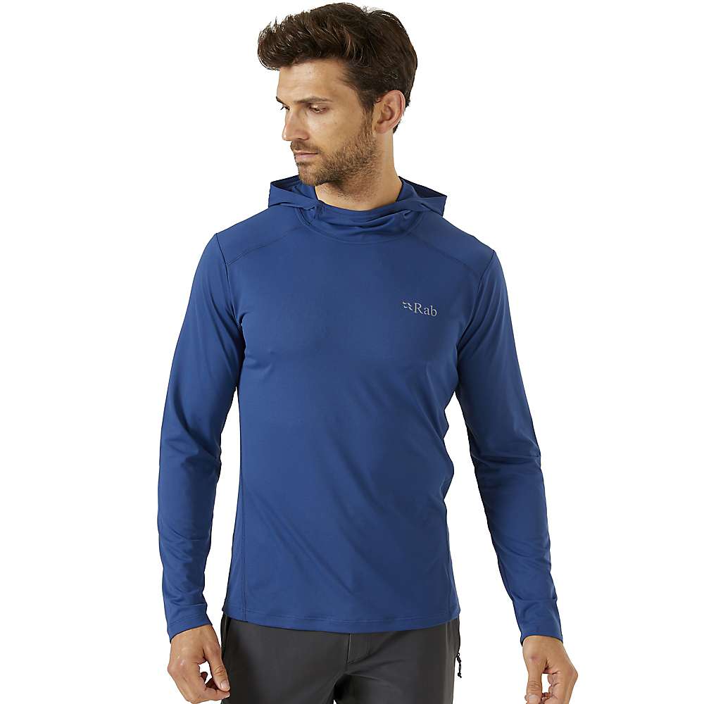Men's hooded performance top, deep blue, kangaroo pocket and adjustable hood drawcord