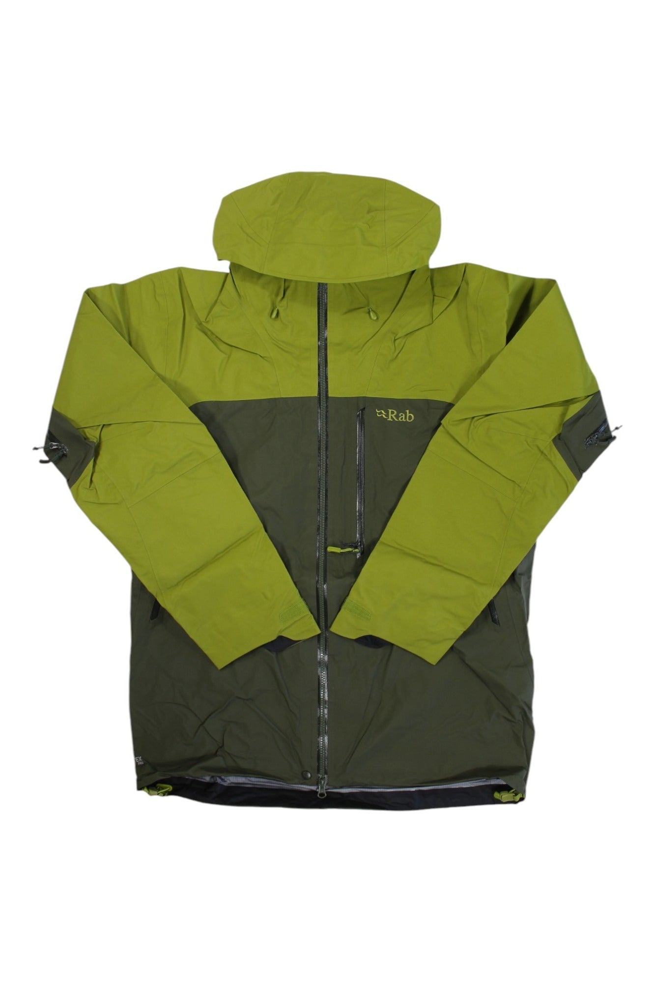 The Rab Mens Latok Mountain GTX Jacket is a two-tone green outdoor jacket with a hood, front zipper, zip pockets, waterproof GORE-TEX shell, and visible Rab branding on the chest for ultimate protection.