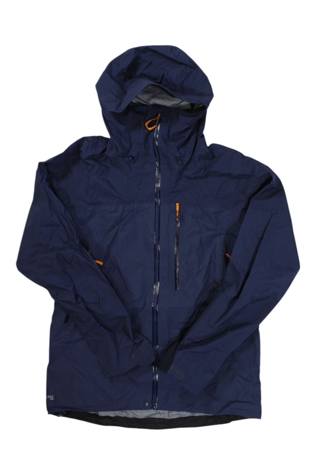 The Rab Mens Latok Mountain GTX Jacket, shown in navy blue on a white background, features a GORE-TEX waterproof shell, hood, front zipper, and multiple zippered pockets.