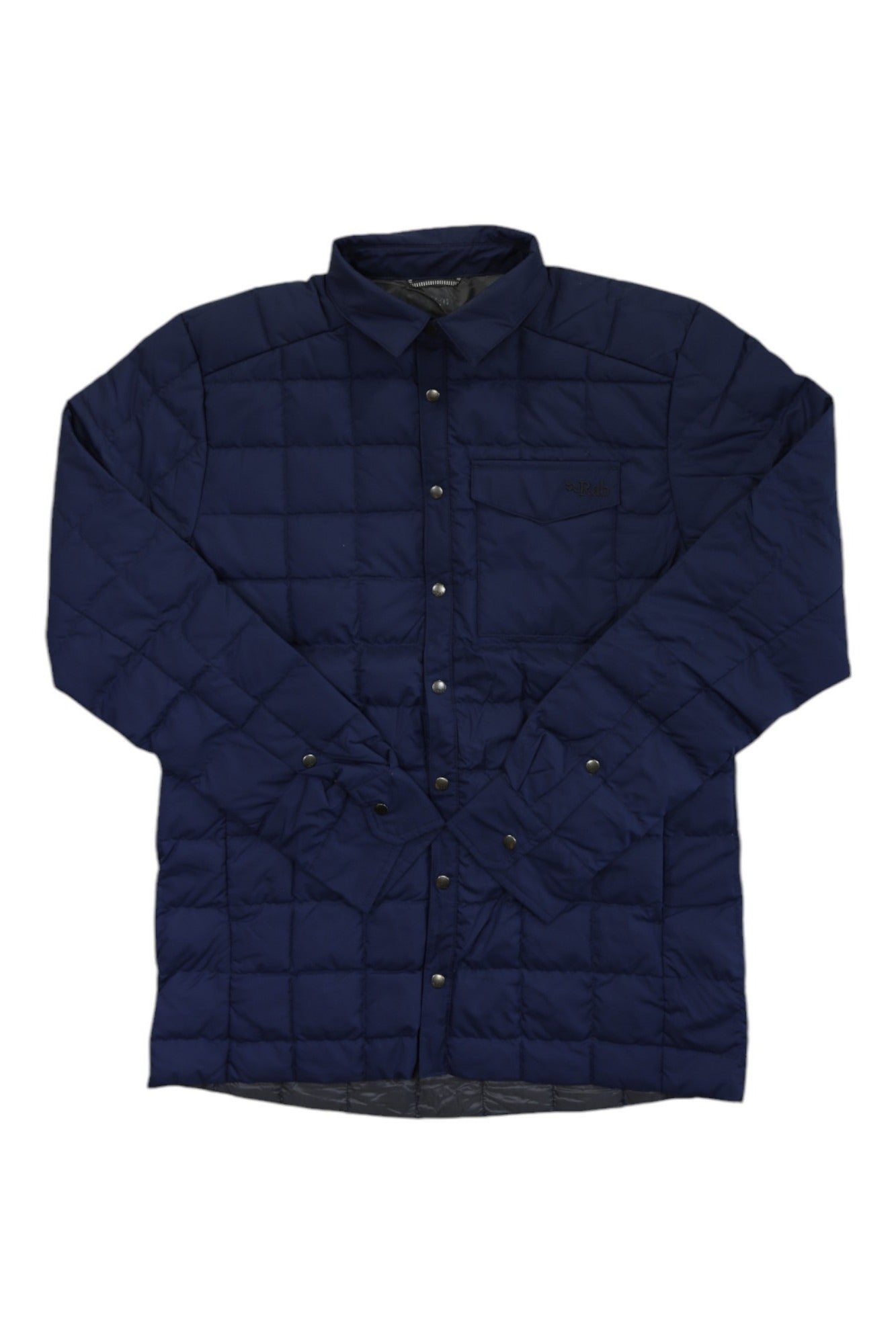 The Rab Mens Downtime Shirt Jacket in navy blue features snap buttons, a collar, long sleeves, and a chest pocket. Shown laid flat on a white background, it's an insulated shirt jacket ideal for outdoor adventures.