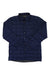 The Rab Mens Downtime Shirt Jacket in navy blue features snap buttons, a collar, long sleeves, and a chest pocket. Shown laid flat on a white background, it's an insulated shirt jacket ideal for outdoor adventures.