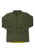 The Rab Mens Downtime Shirt Jacket is a green quilted insulated shirt jacket with a collar, chest pocket, long sleeves, and a yellow inner lining, laid flat on a white background for versatility in outdoor wear.