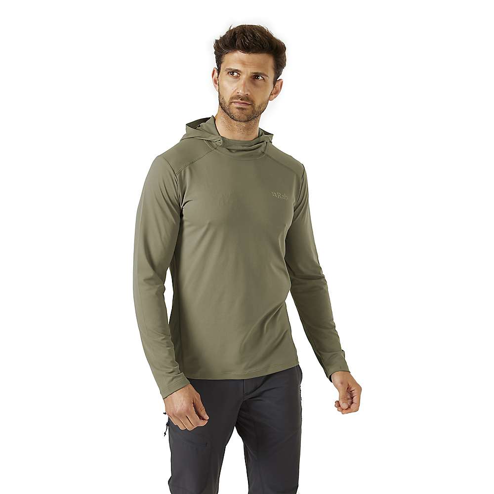 Men's hooded performance top, olive green, kangaroo pocket and adjustable hood drawcord