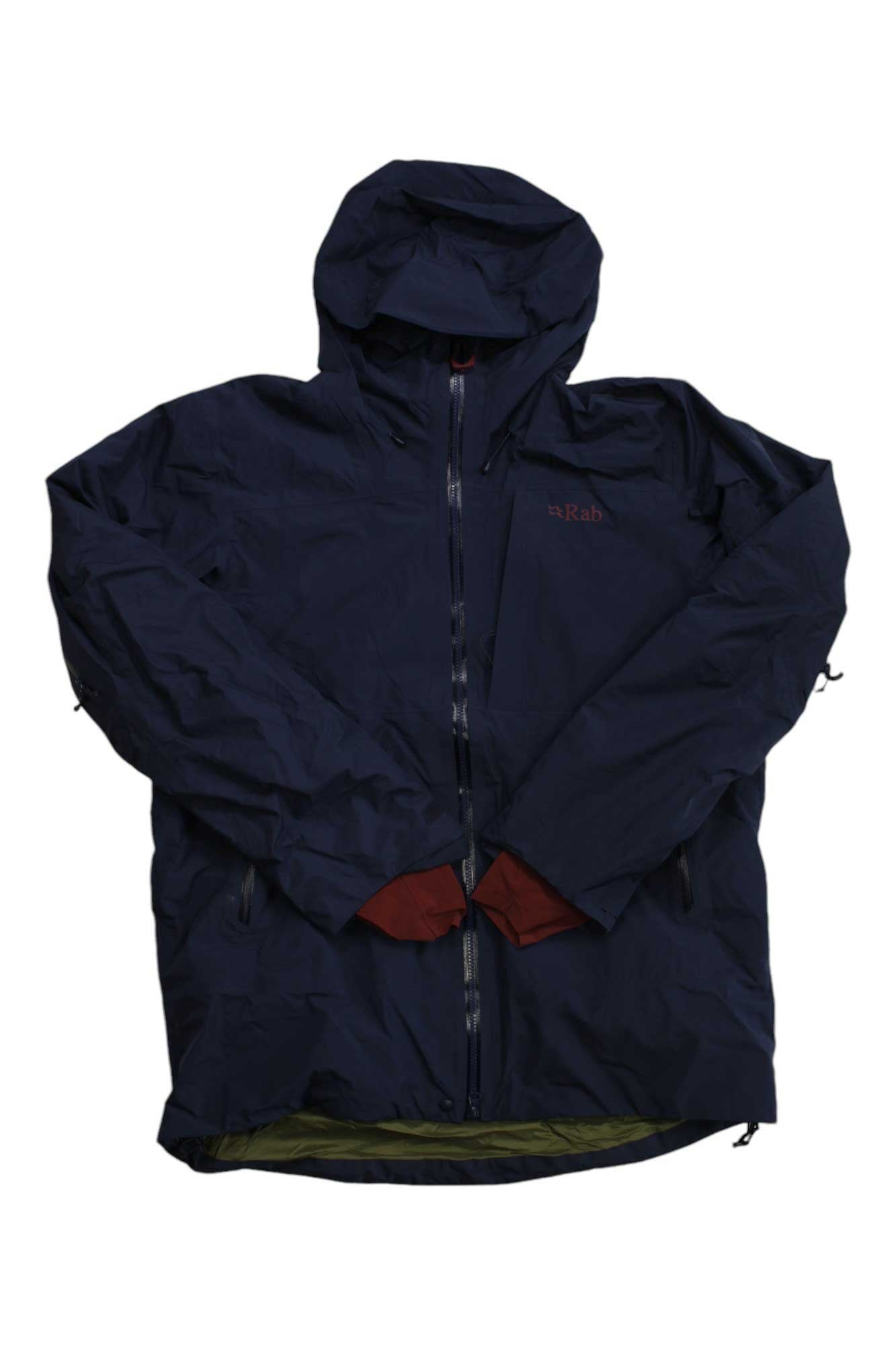 Men's hooded full-zip jacket, dark navy with orange and red cuff accents.