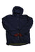 Men's hooded full-zip jacket, dark navy with orange and red cuff accents.