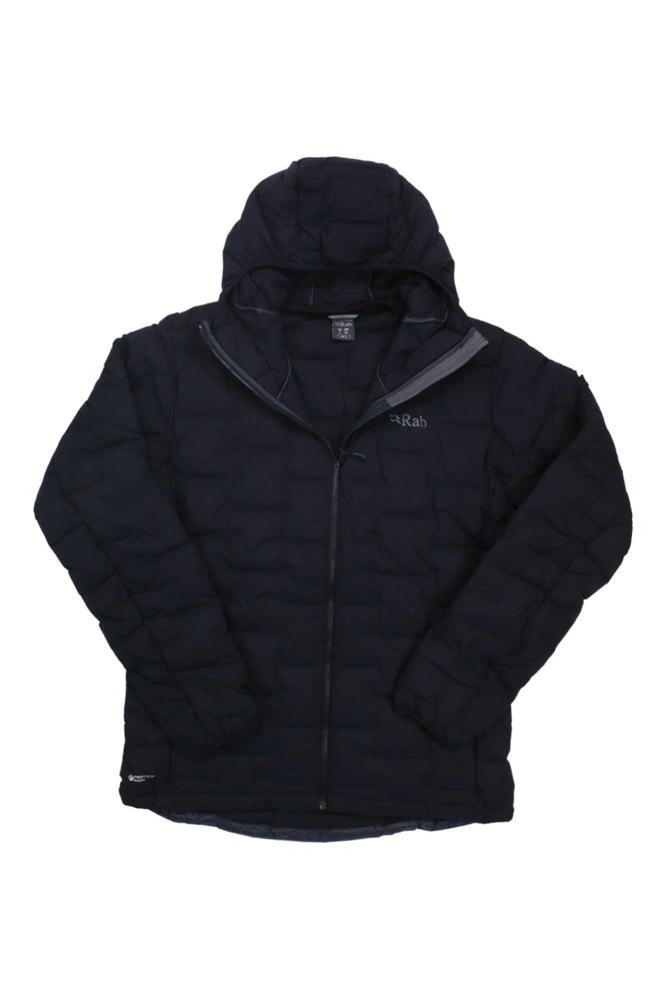 The Rab Men's Cubit Stretch Down Hoody in black features recycled down, a quilted design, front zipper, long sleeves, Rab logo on the left chest, and water-resistant fabric. It is shown laid flat on a white background.