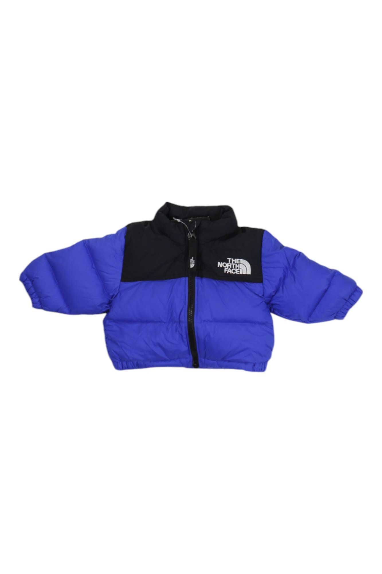 The North Face Infant 1996 Retro Nuptse Down Jacket is a blue and black puffer with a front zipper and left chest logo, designed as a cozy winter coat for babies.