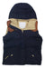 A Powderhorn Women's Jackson Vest in navy blue with water-resistant down, brown leather shoulder details, beige lining, two front pockets, and visible branding is shown flat on a white background.
