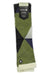 Crew sock in off-white with olive green and black geometric diamond pattern, ribbed cuffs.