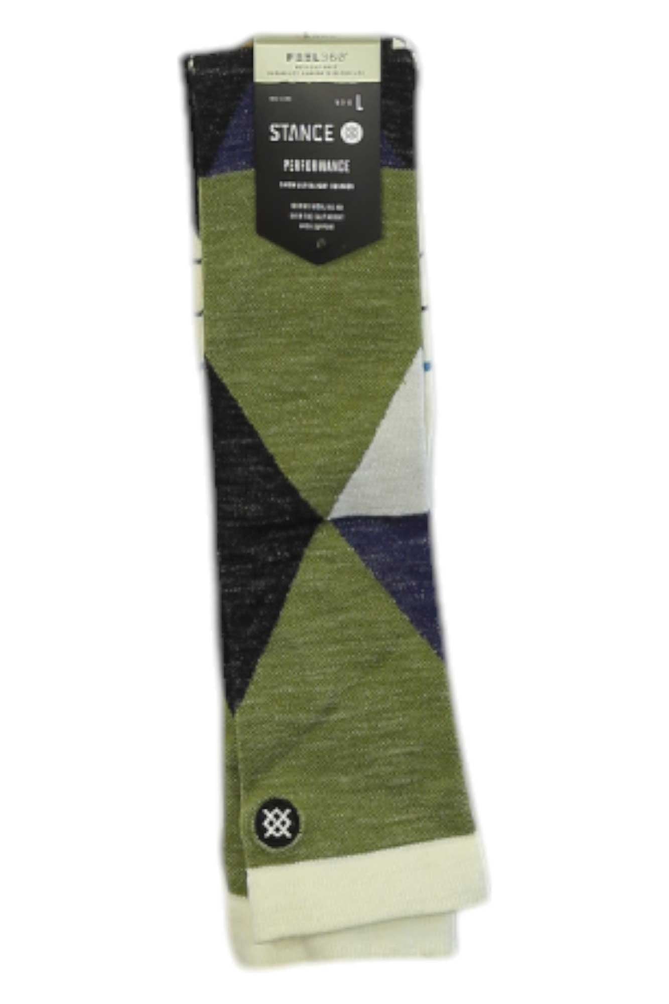 Crew sock with olive green and black diamonds on off-white, ribbed cuff and heel.