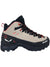 The Salewa Womens Alp Mate Winter Mid Waterproof Boot is a beige and black hiking boot with red accents, black laces with red details, a rugged sole, and the Salewa logo on the side—ideal for women’s mountaineering.