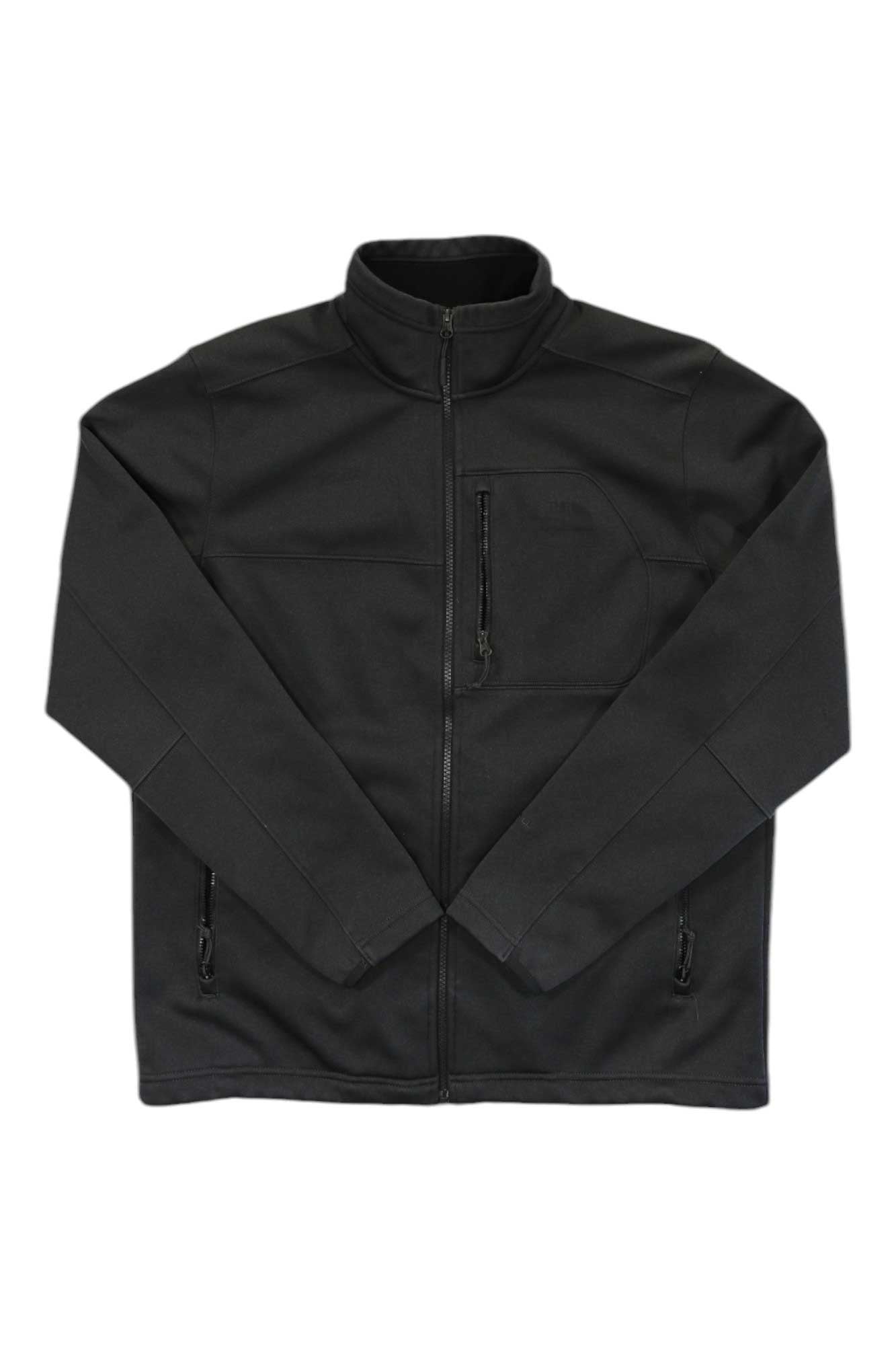 Men's black full-zip fleece jacket with stand collar, zip pockets and chest seam