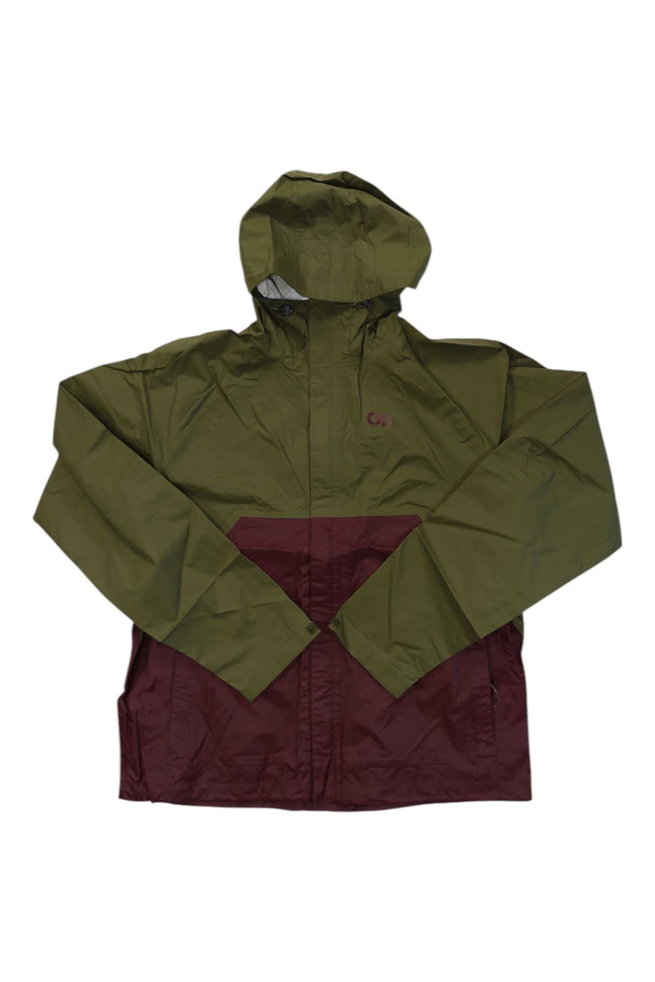 The Outdoor Research Mens Apollo Jacket is a hooded, two-tone waterproof mountain biking jacket featuring olive green on the top and sleeves, maroon on the lower half, a front zipper, and long sleeves. Shown laid flat on a white background.