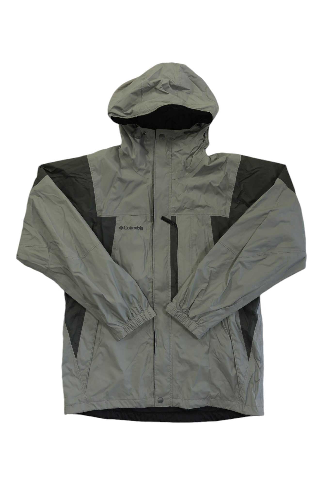 The Columbia Mens Watertight II Jacket, shown in gray and black with a front zipper, long sleeves, and elastic cuffs, is a waterproof rain jacket ideal for hiking and displayed on a white background.