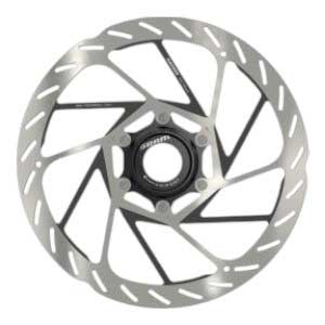 A SRAM HS2 Disc Brake Rotor in silver with a black hub and multiple cut-outs, shown from above on white, offering consistent braking and reliable stopping power.