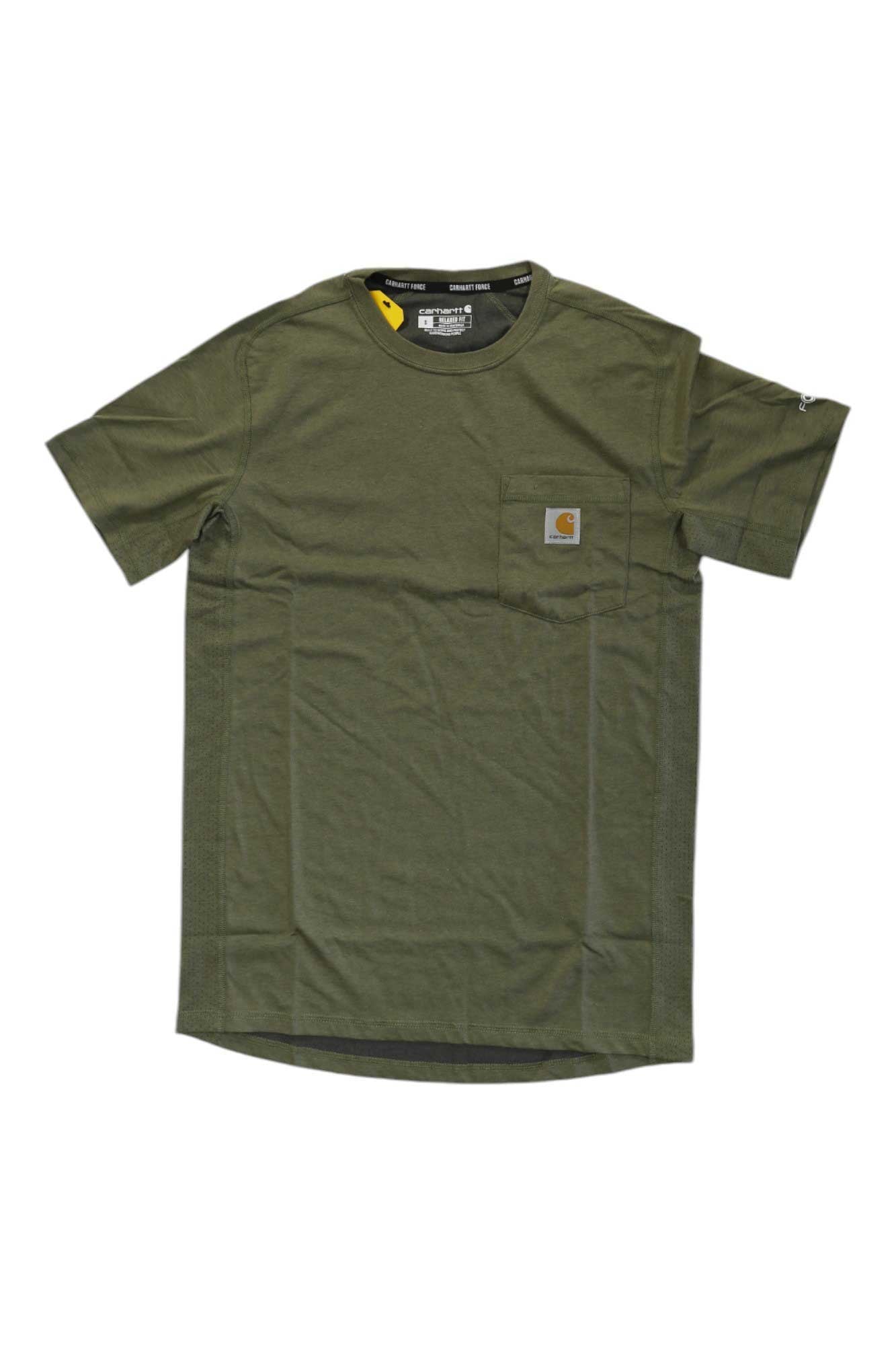 Olive green short-sleeve pocket t-shirt with crew neck and logo patch