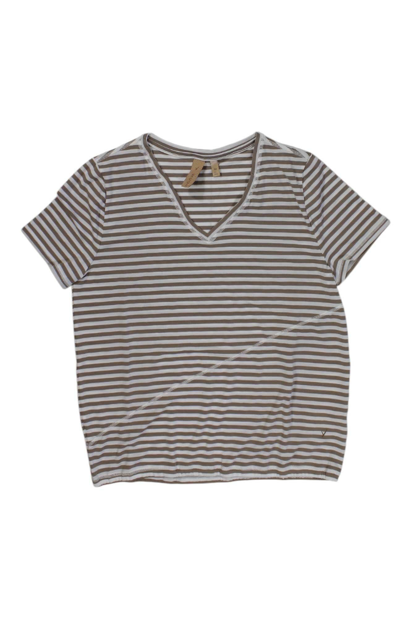 The Indyeva Womens Kurak LT Top is a short-sleeve, V-neck travel shirt with horizontal white and gray stripes, moisture-wicking fabric, and UPF 50+ protection, shown laid flat on a white background.