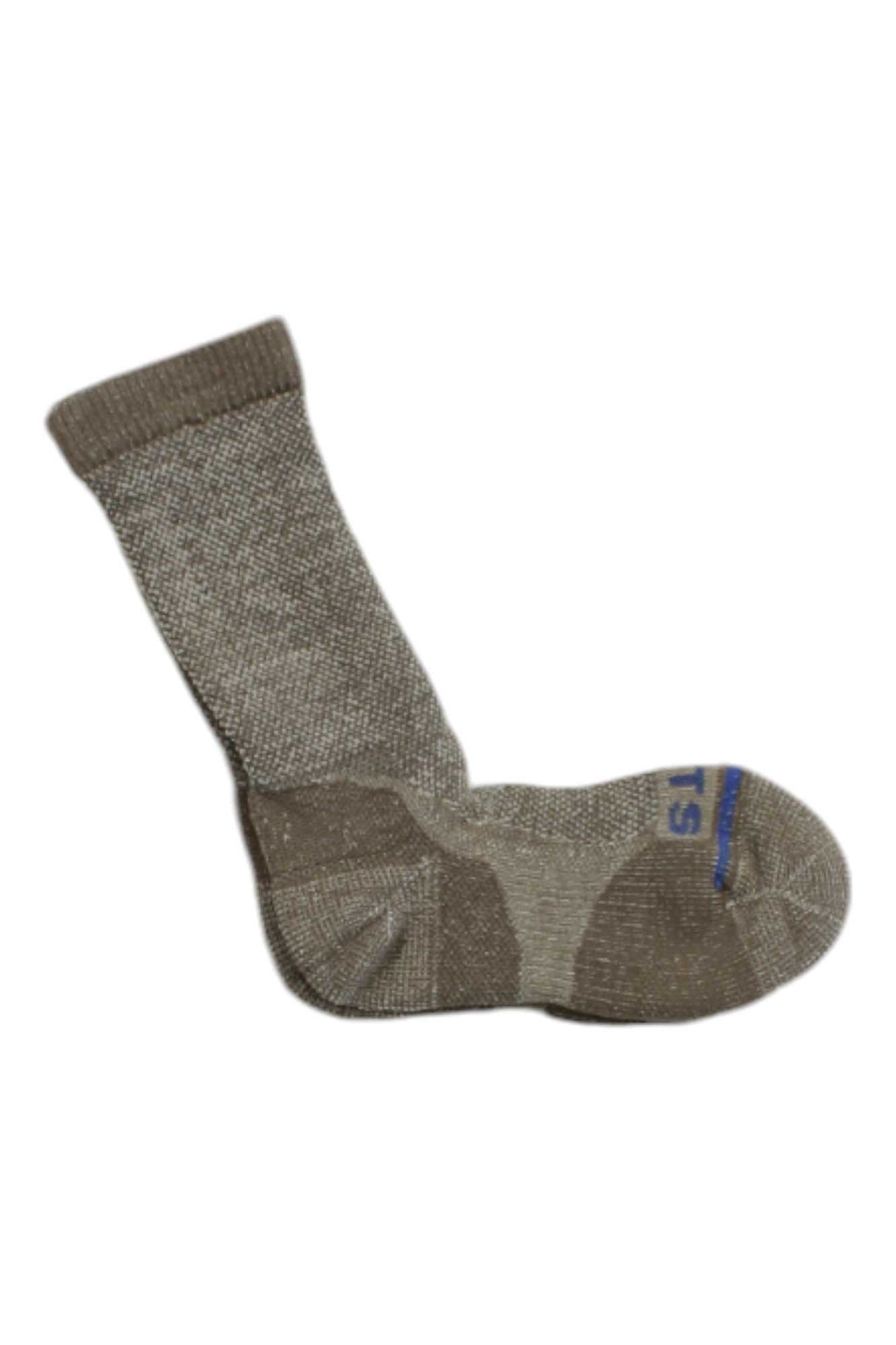 A single Fits Light Rugged Crew Sock in gray and brown, featuring reinforced heel and toe areas, is laid flat on a white background. A blue marking on the toe highlights its moisture-wicking design.