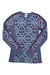 The Kari Traa Womens Else LS Top is a blue, long-sleeve merino wool baselayer with geometric patterns, black and pink seam edging, and a partial button placket—perfect as a stylish women's outdoor top.