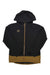 The Flylow Men's Dante Jacket is a black technical hardshell with a brown zipper and hem band, a small logo on the left chest, and a waterproof breathable membrane for reliable protection.