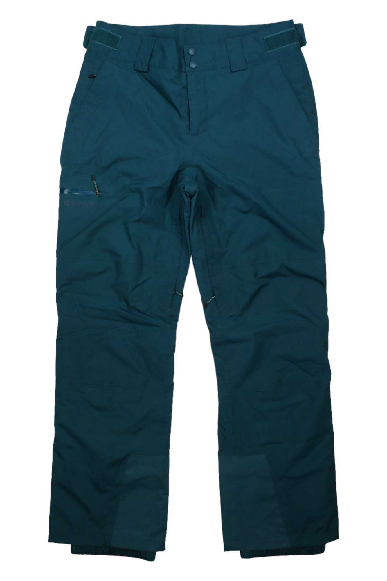 The Marmot Mens Lightray GTX Pant in dark teal features front pockets, a right thigh zipper pocket, belt loops, and reinforced knee and ankle areas, shown laid flat on a white background.