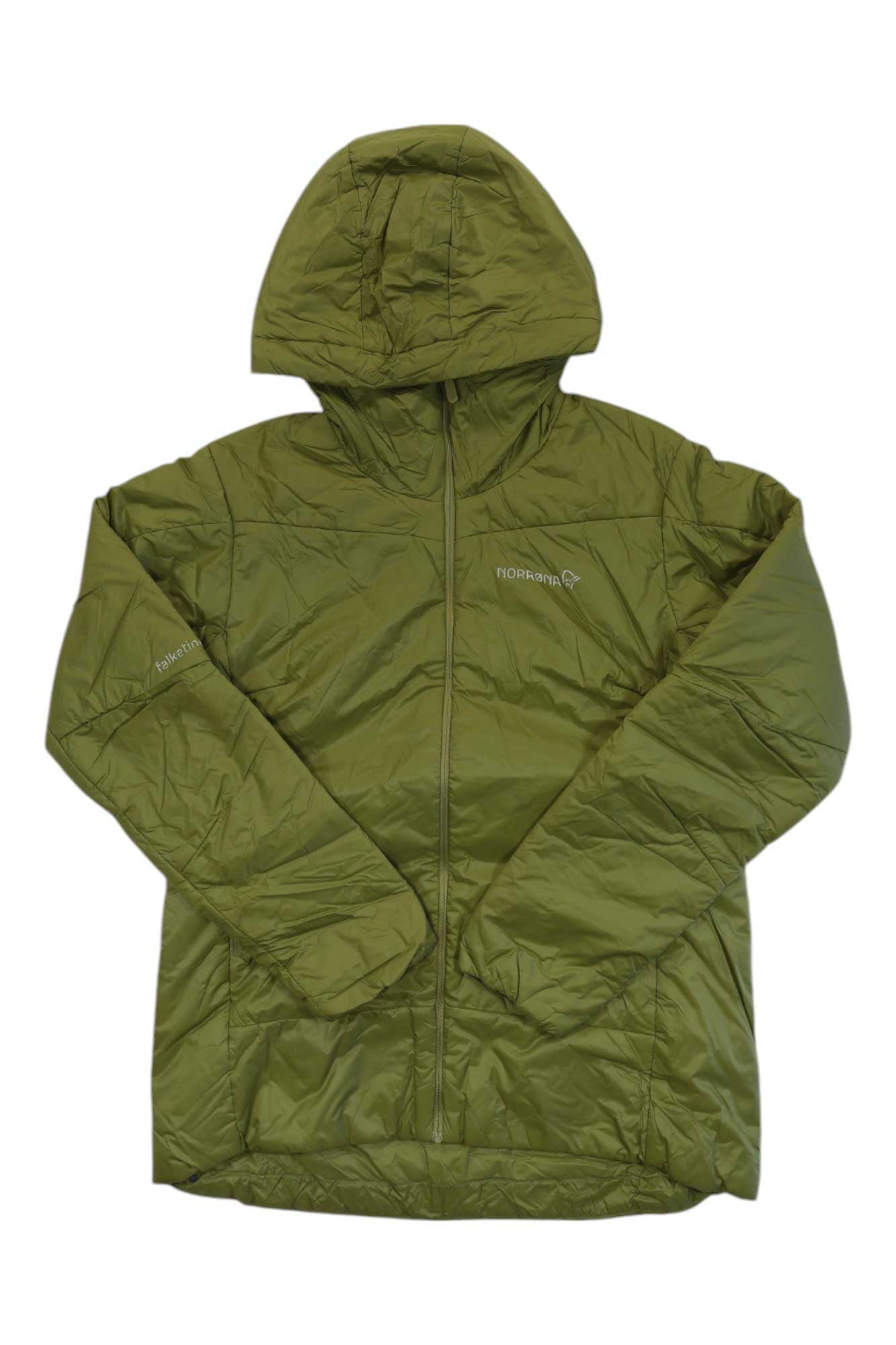 Norrona women’s insulated hooded jacket, olive-drab green, full zip front