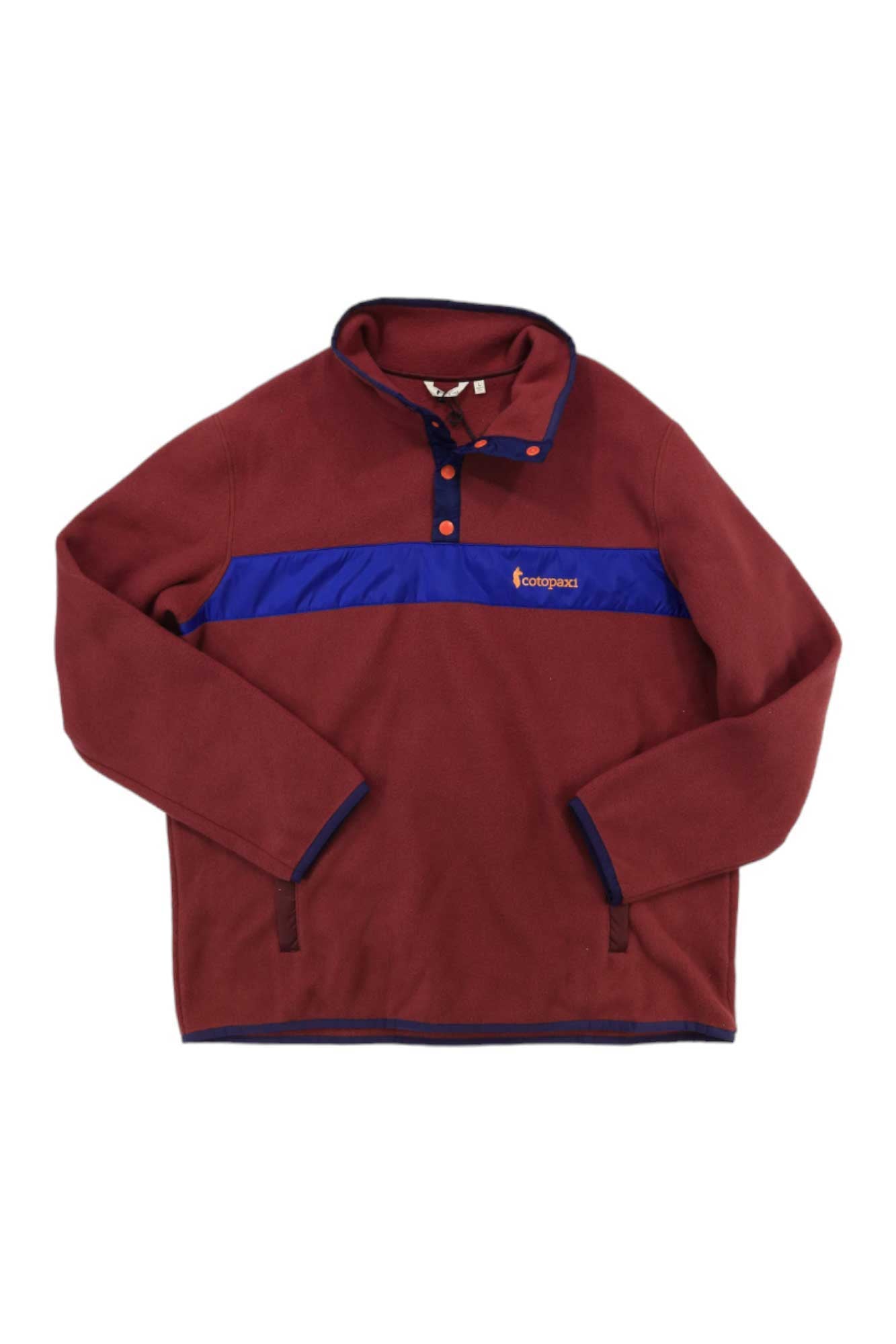 The Cotopaxi Men's Teca Fleece Pullover is maroon with a blue buttoned placket and chest stripe, made from recycled polyester fleece, and features an “Econscious” logo patch on the left chest.