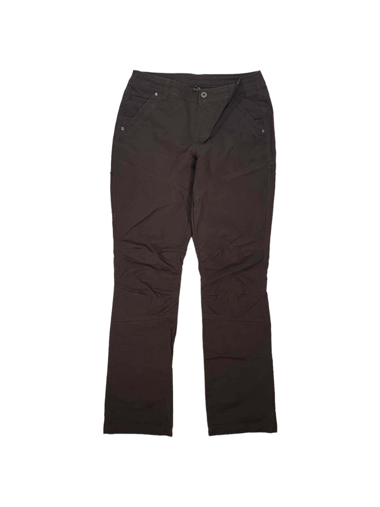 The Kuhl Womens Rydr Pant is a pair of dark brown hiking pants for women, featuring front pockets, button and zipper closure, and slightly flared legs, shown laid flat on a white background.
