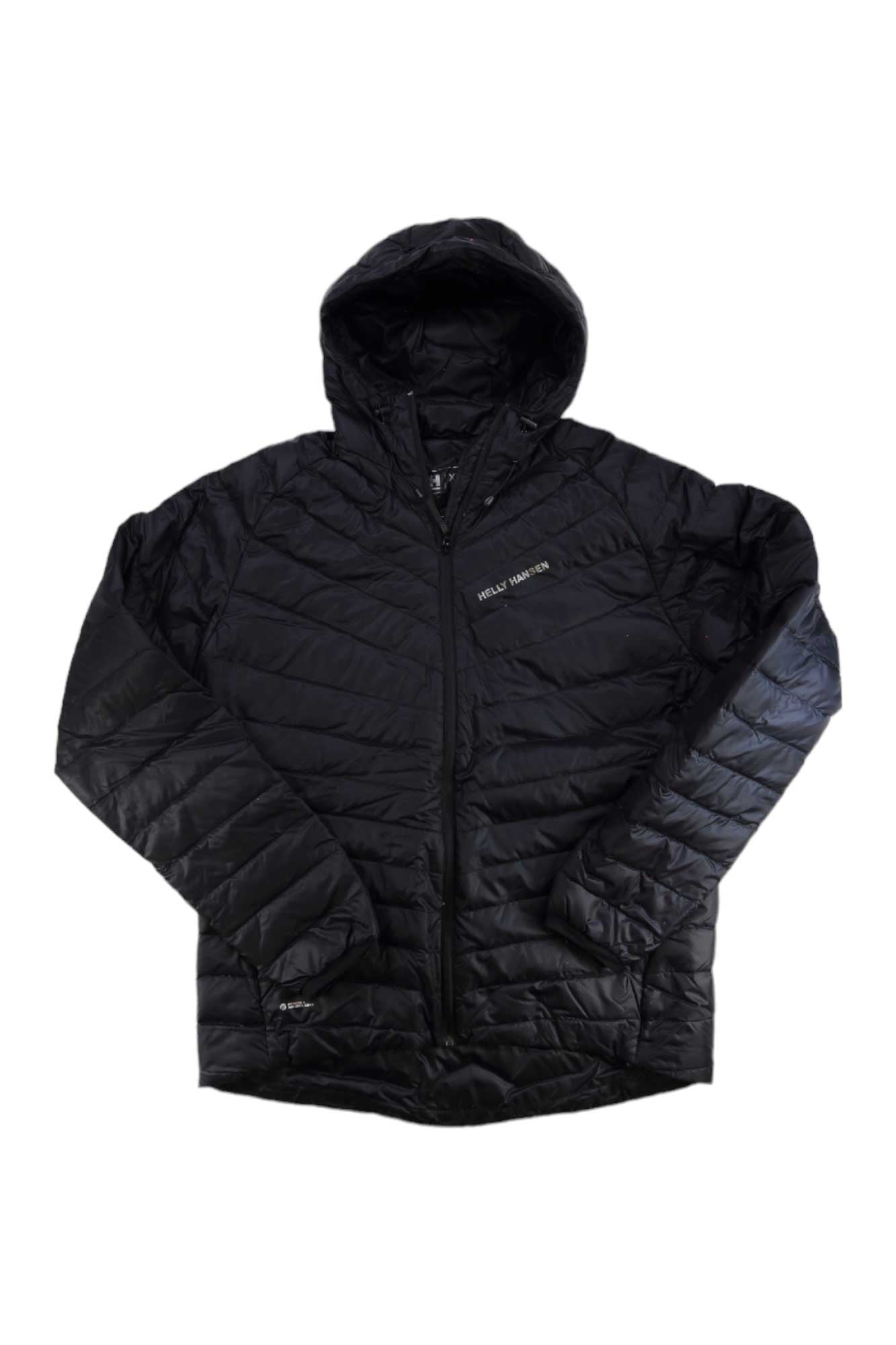 Men's black hooded down insulator jacket, full-zip puffer with drawstring hood