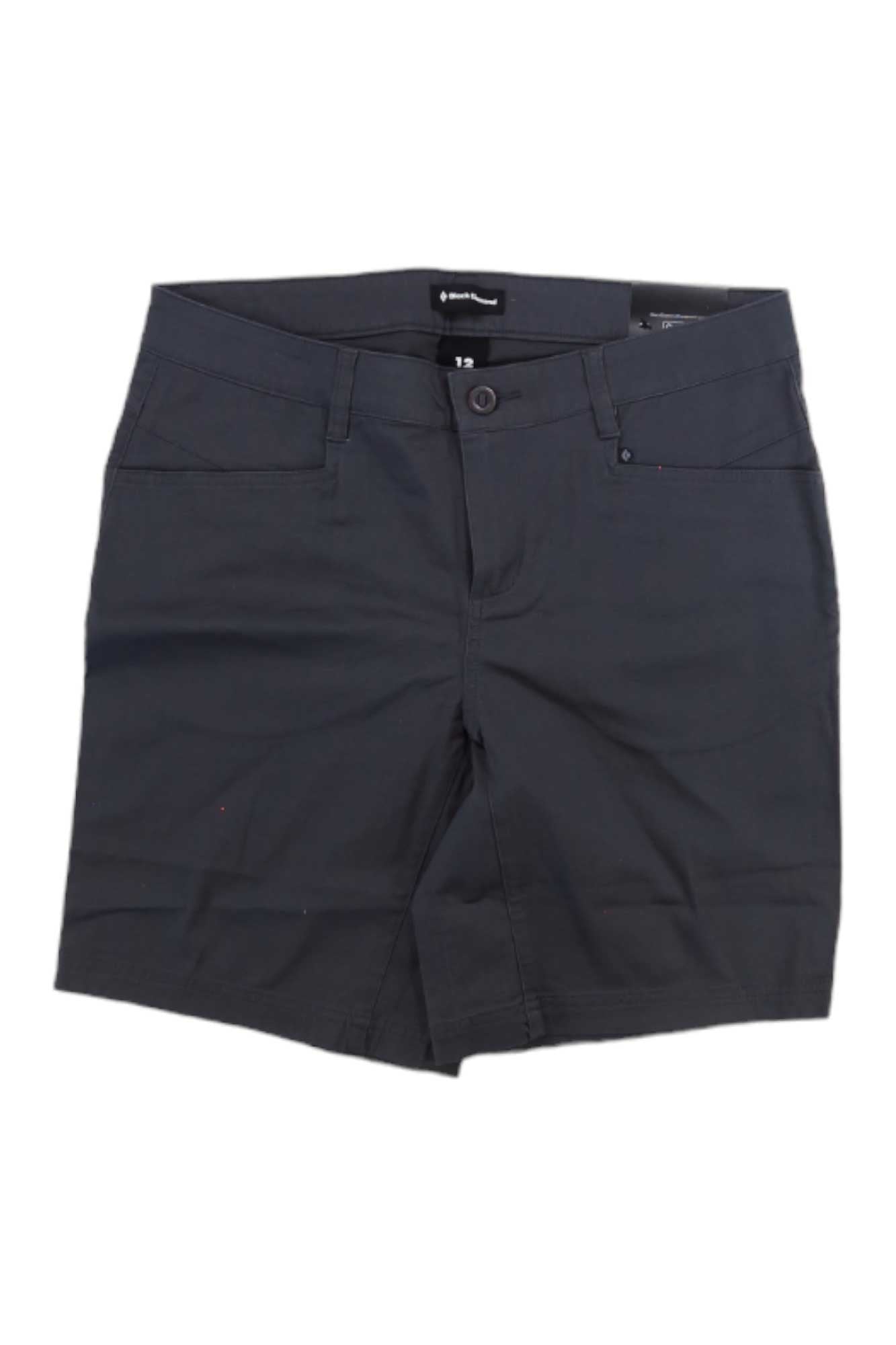 The Black Diamond Womens Notion SL Short in dark gray is knee-length with belt loops, front and side pockets, and a button-zipper closure, shown laid flat on a white background.