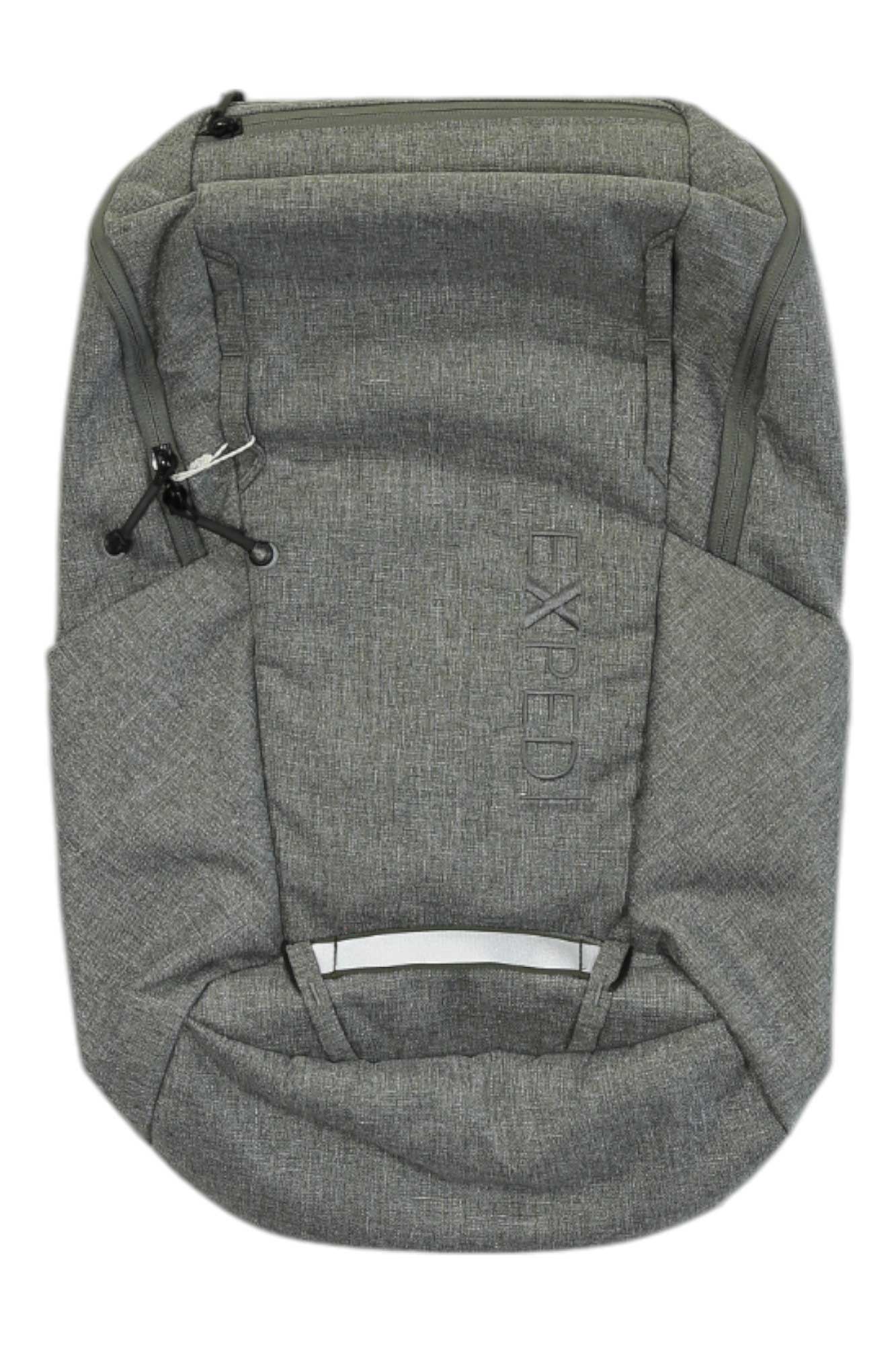 The Exped Centrum 20 Pack is a gray fabric roll-top daypack with a top zipper, side pockets, and "EXPED" embroidered vertically. Its minimalist modern design features a laptop compartment, ideal for urban outdoor adventures.