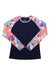 The Speedo Women's Printed LS Rashguard features a sun-protective dark blue body with vibrant floral-patterned long sleeves and round neckline in pink, blue, orange, and white.