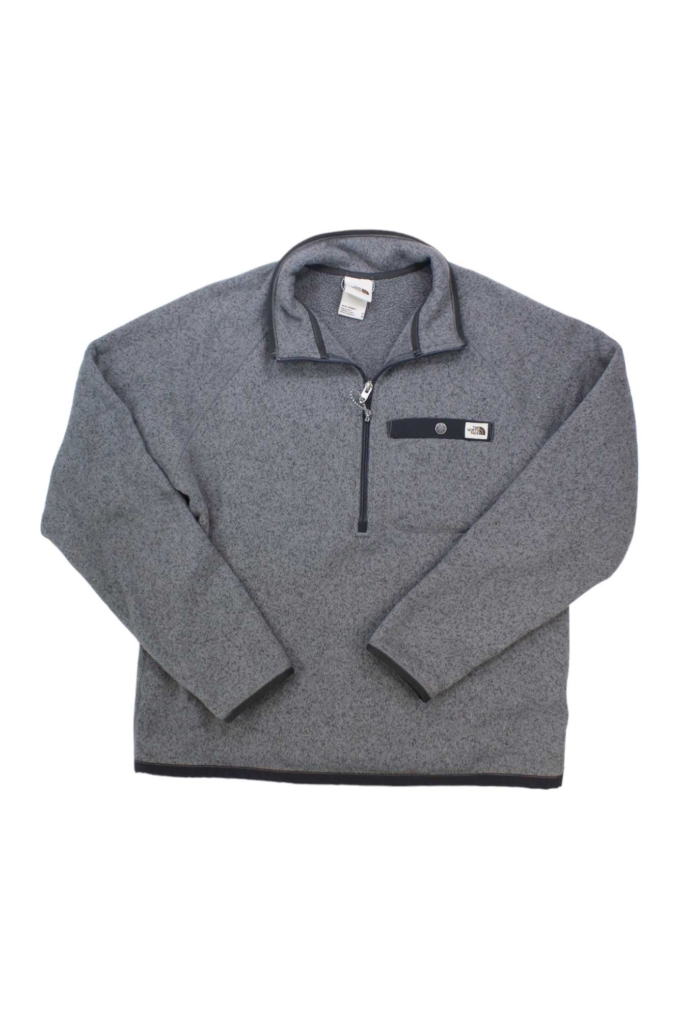 The Gordon Lyons 1/4 Zip Fleece is a men's gray pullover made from recycled polyester, featuring a quarter-zip front, stand-up collar, and left zippered chest pocket, shown flat on a white background.