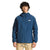 Men's blue rain hoodie with full-zip front, drawstring hood, and logo chest