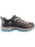 Women’s hiker shoe with brown upper, lace-up front, Vibram logo, and teal outsole