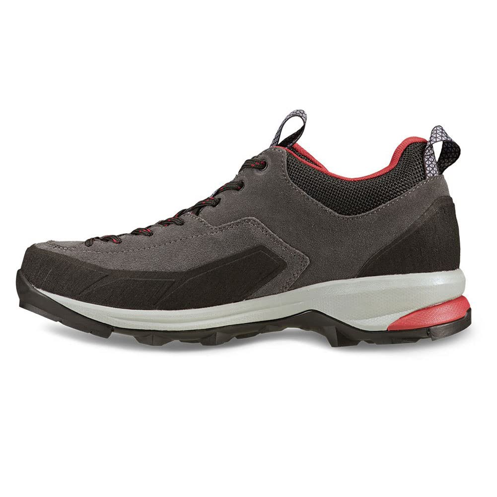 The Garmont Women's Dragontail Hiking Shoe features a gray and black low-top design with red accents, a thick treaded sole, and is shown in side profile—ideal for all-season hiking.