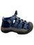 The KEEN Kids Newport H2 Water Sandals feature blue and gray colors, toe protection, bungee lace system, ventilated straps, quick-dry materials, rugged rubber sole, and the Keen logo on the heel.