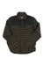 The Howler Brothers Mens Quintana Quilted Flannel Shirt features a green and black plaid cotton flannel, black quilted shoulder panels, two chest pockets with button flaps, and a small white tag on the lower side. Laid flat on white background.