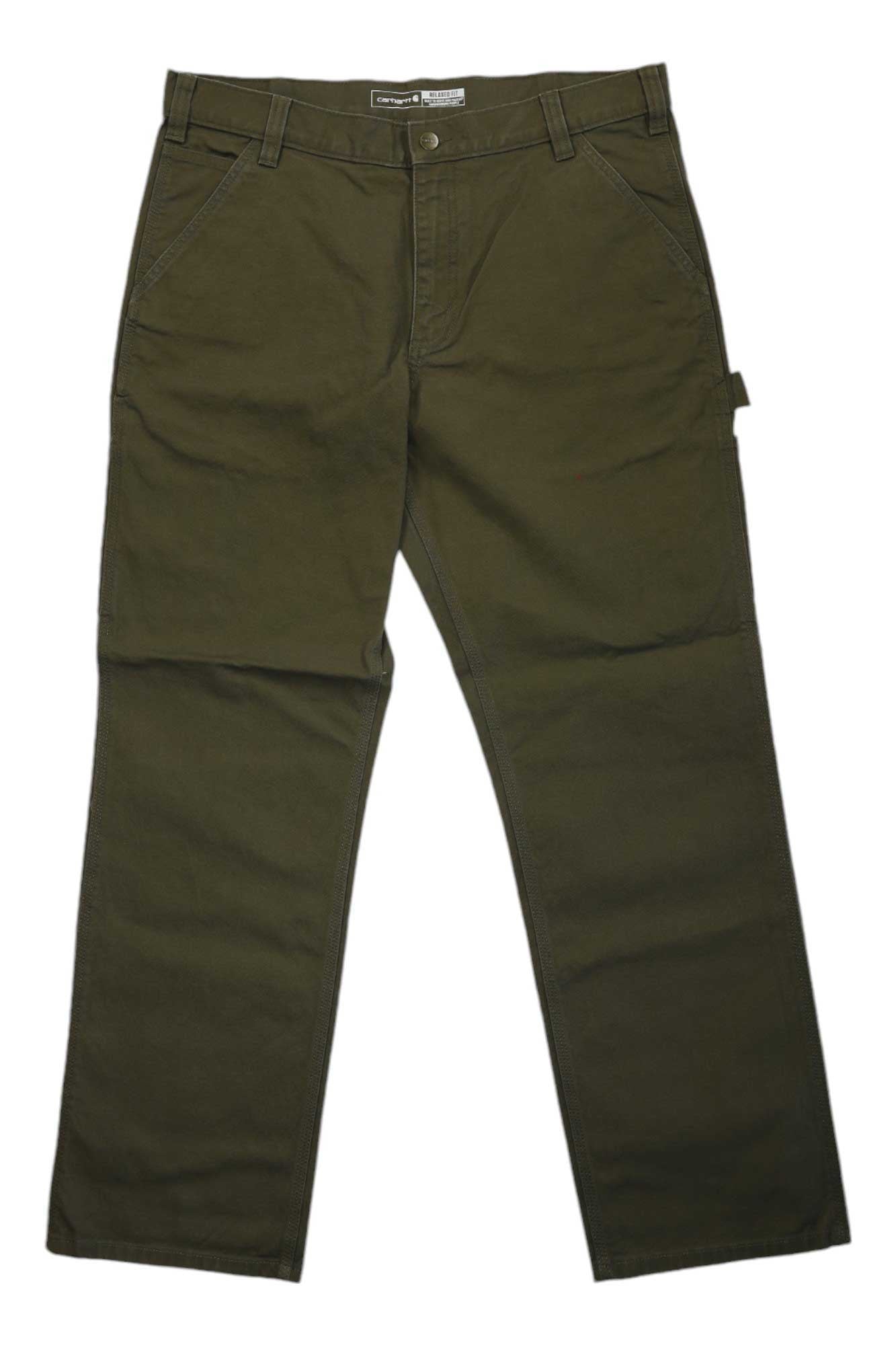 Carhartt Mens Rugged Flex Relaxed Fit Duck Dungaree in olive green, featuring front pockets, belt loops, button closure, relaxed fit, and a side utility loop, shown laid flat on a white background.