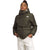 Women’s hooded puffer jacket with front zipper and logo patch, dark