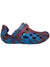 Men's slip-on clog with burgundy heel strap, blue flame-pattern upper, vent holes