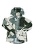 The North Face Womens Clementine Triclimate Jacket, featuring a green, white, and gray geometric camo print with a front zipper and zippered pockets, is laid flat on a white background—ideal for outdoor adventures.