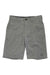 The Billabong Boys Crossfire Short features belt loops, a button and zipper closure, side pockets, a small logo patch near the left hem, and eco-conscious fabric with a subtle textured pattern in gray.