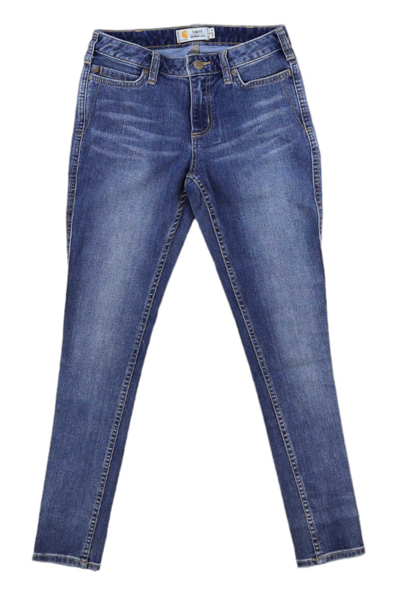 The Carhartt Womens Slim-Fit Layton Skinny Leg Jean in blue denim features a classic five-pocket style, belt loops, button-and-zipper closure, and Rugged Flex technology for comfort and ease of movement.