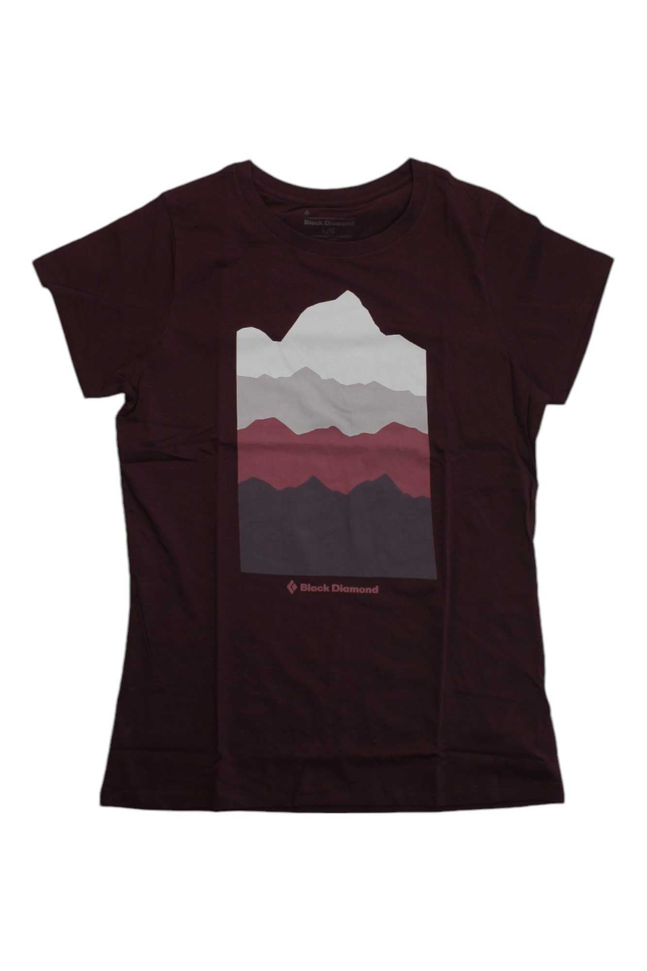 The Black Diamond Womens Vista Tee is an organic cotton maroon shirt for women, featuring a stylized mountain graphic in gray, pink, and maroon with "Black Diamond" text below the design.