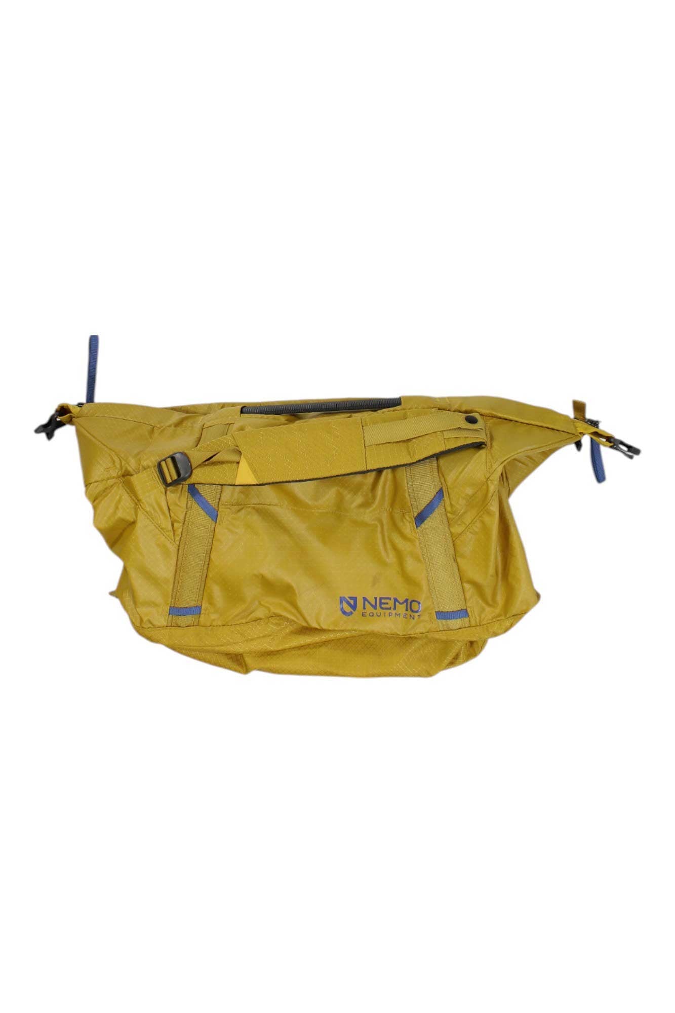 NEMO duffel bag in yellow with front zipper, webbing straps and side handles, 30L