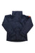 Women’s navy rain jacket with full-length zipper and stand collar